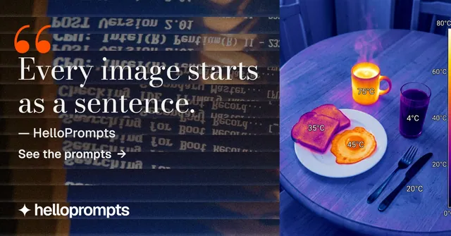 Social ad for HelloPrompts: "The sentence behind the image." Minimal luxury style, quote layout, dark palette in black, blue, grey.