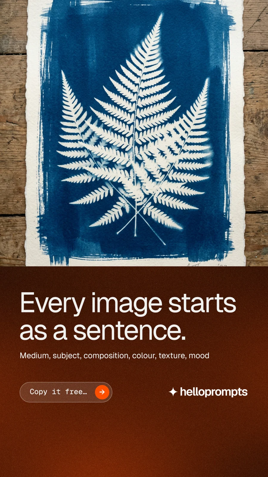 Instagram story for HelloPrompts: "Every image starts as a sentence." Agentic glass style, bottom layout, dark palette in orange, grey, black.