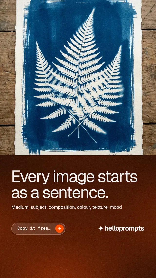 Instagram story for HelloPrompts: "Every image starts as a sentence." Agentic glass style, bottom layout, dark palette in orange, grey, black.