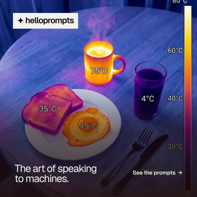 Instagram post for HelloPrompts: "The art of speaking to machines." Swiss style, image led layout, dark palette in blue, purple, grey.