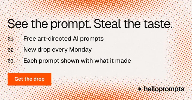 Social ad for HelloPrompts: "See the prompt. Steal the taste." Swiss style, numbered layout, light palette in orange, white.