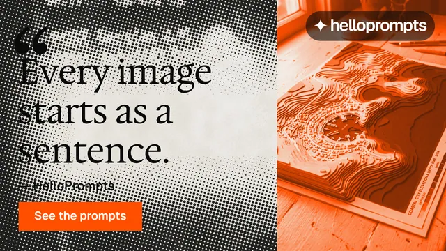 Landscape graphic for HelloPrompts: "The sentence behind the image." Swiss style, quote layout, light palette in orange, grey, white.