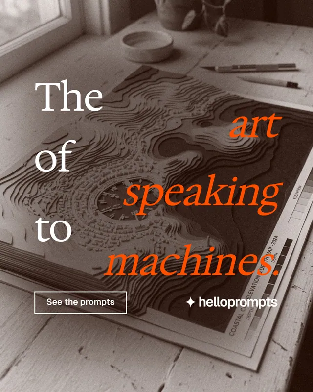 Instagram portrait post for HelloPrompts: "The art of speaking to machines." Editorial style, stacked layout, dark palette in orange, grey.