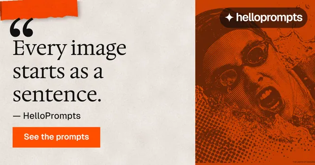 Social ad for HelloPrompts: "The art of speaking to machines." Swiss style, quote layout, light palette in orange.