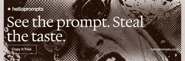 X header for HelloPrompts: "See the prompt. Steal the taste." Editorial style, poster layout, dark palette in grey, black, orange.