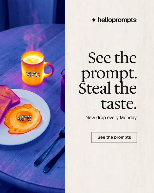 Instagram portrait post for HelloPrompts: "See the prompt. Steal the taste." Editorial style, right layout, light palette in blue, white, grey.