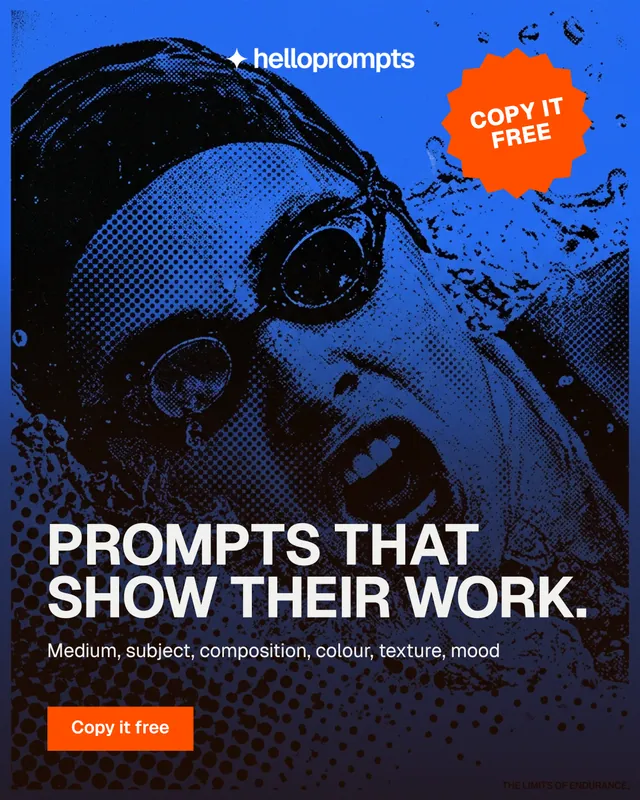 Instagram portrait post for HelloPrompts: "Prompts that show their work." Swiss style, sticker layout, dark palette in purple, black, blue.