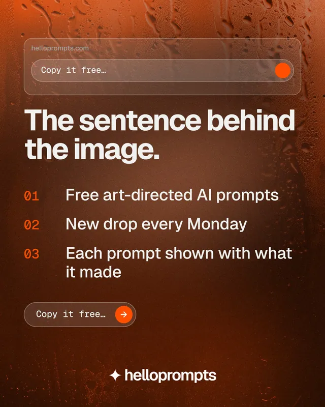 Instagram portrait post for HelloPrompts: "The sentence behind the image." Agentic glass style, numbered layout, dark palette in orange, brown, grey.
