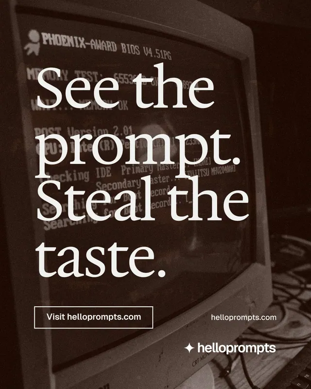 Instagram portrait post for HelloPrompts: "See the prompt. Steal the taste." Editorial style, poster layout, dark palette in orange, black, grey.