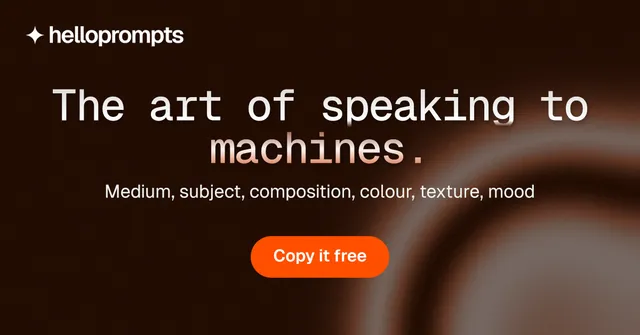 Social ad for HelloPrompts: "The art of speaking to machines." Y2K style, centred layout, dark palette in black, orange.