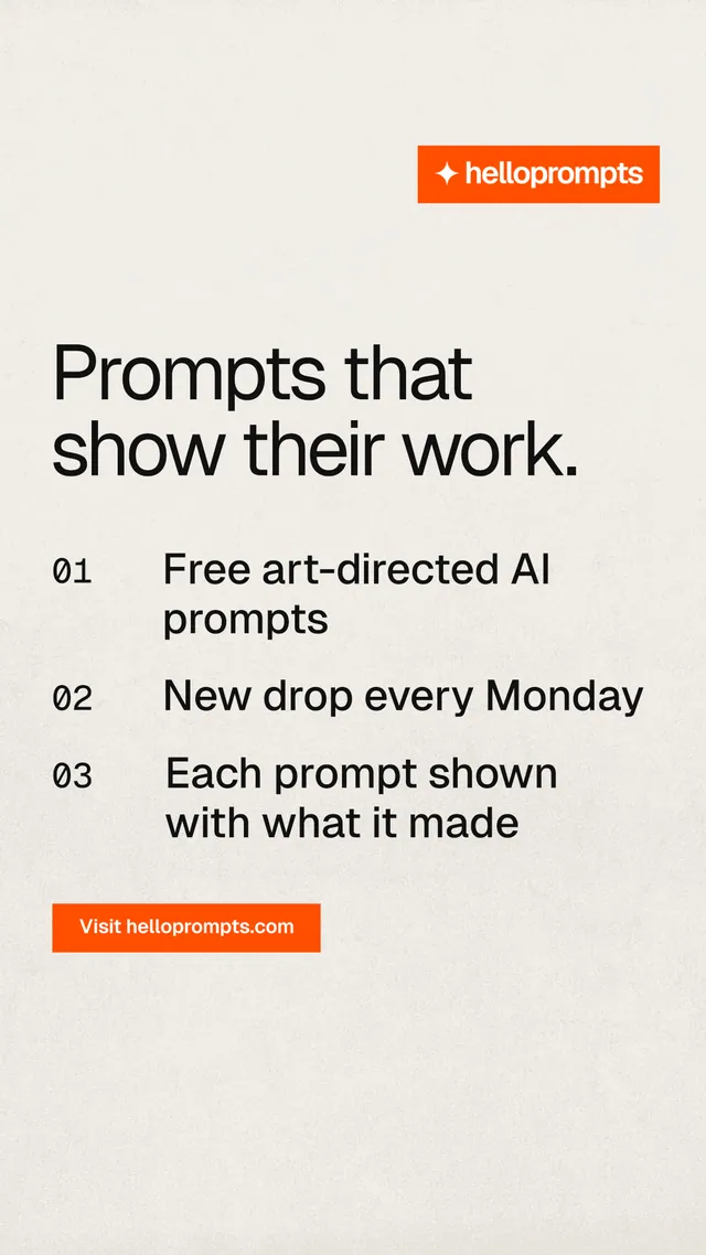 Instagram story for HelloPrompts: "Prompts that show their work." Swiss style, numbered layout, light palette in yellow, white, orange.