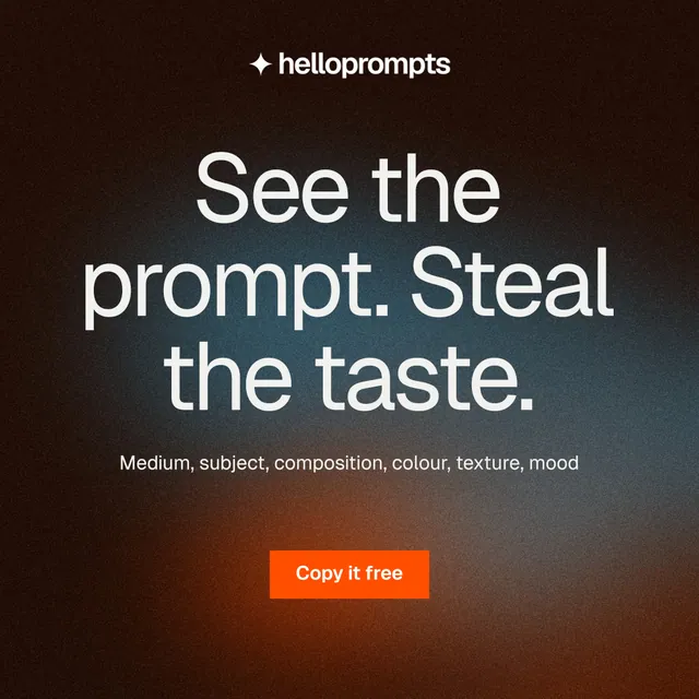 Instagram post for HelloPrompts: "See the prompt. Steal the taste." Swiss style, centred layout, dark palette in black, grey, orange.