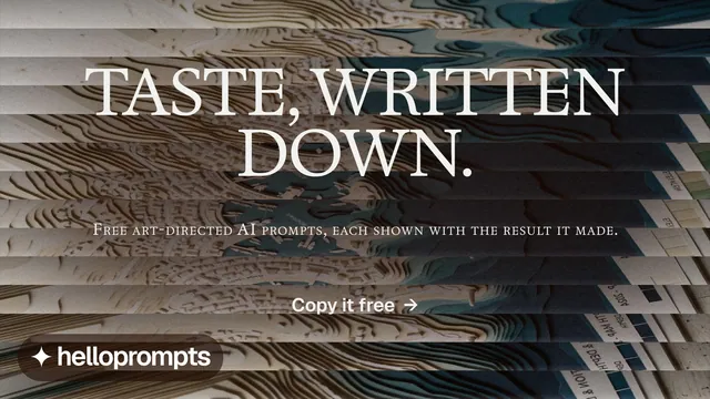 Landscape graphic for HelloPrompts: "Taste, written down." Agentic glass style, smallcaps layout, dark palette in black, grey.
