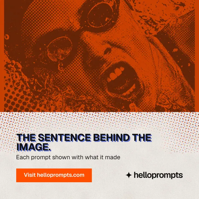 Instagram post for HelloPrompts: "The sentence behind the image." Retro print style, bottom layout, light palette in orange.