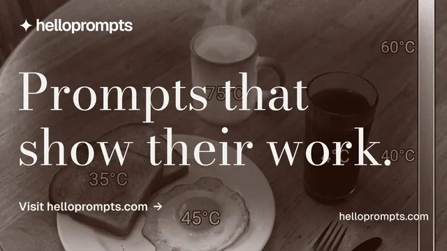 Landscape graphic for HelloPrompts: "Prompts that show their work." Minimal luxury style, poster layout, dark palette in grey, orange.