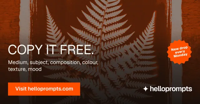 Social ad for HelloPrompts: "Copy it free." Retro print style, sticker layout, dark palette in black, orange, brown.