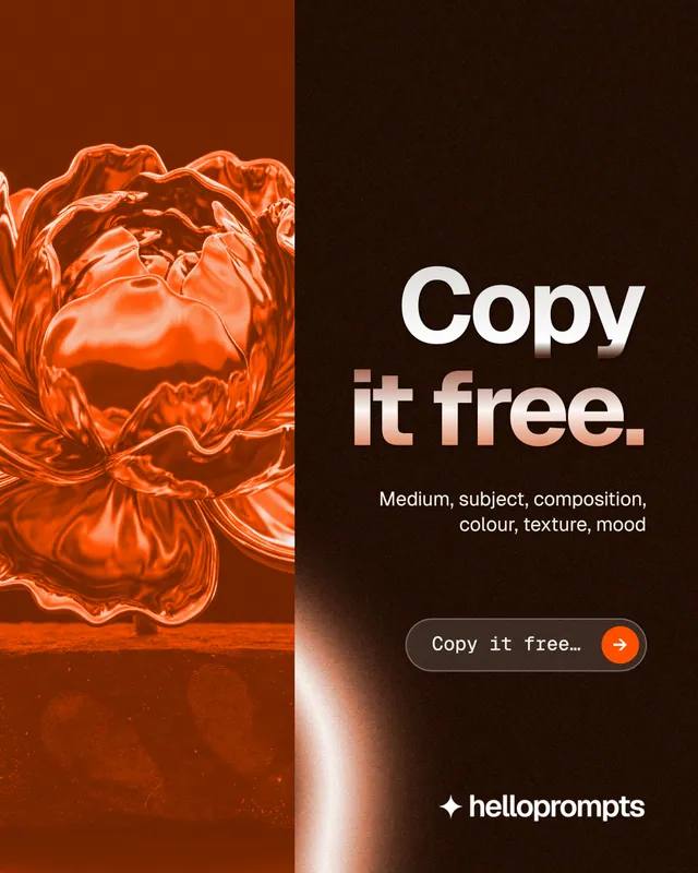 Instagram portrait post for HelloPrompts: "Copy it free." Agentic glass style, right layout, dark palette in orange, black, brown.