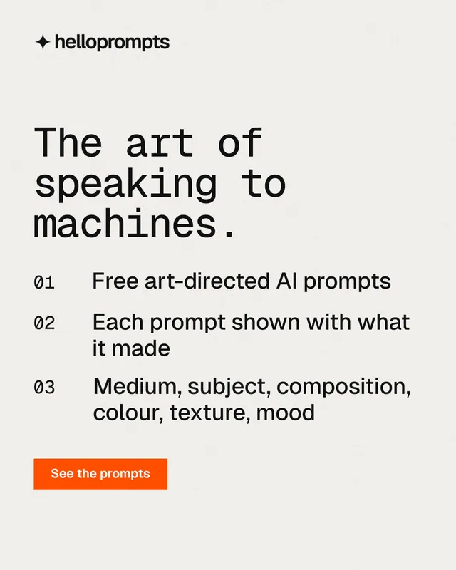 Instagram portrait post for HelloPrompts: "The art of speaking to machines." Swiss style, numbered layout, light palette in white, grey.