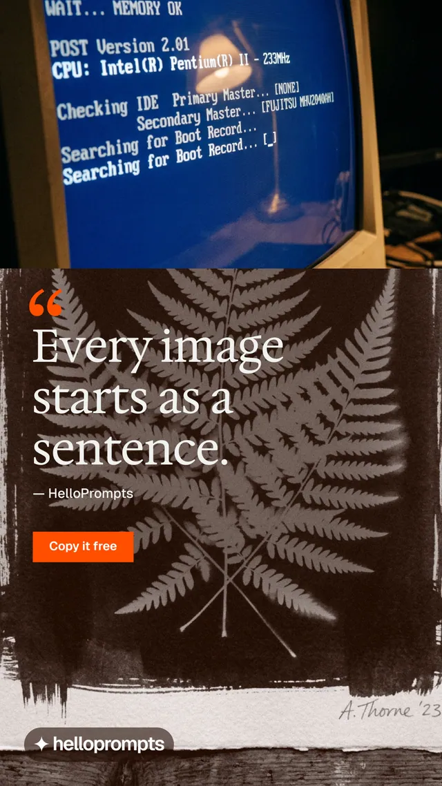 Instagram story for HelloPrompts: "The art of speaking to machines." Swiss style, quote layout, dark palette in grey, black, blue.