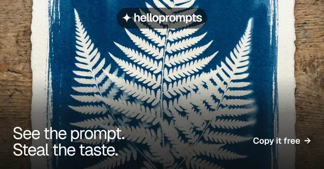 Social ad for HelloPrompts: "See the prompt. Steal the taste." Swiss style, image led layout, dark palette in blue, grey, white.