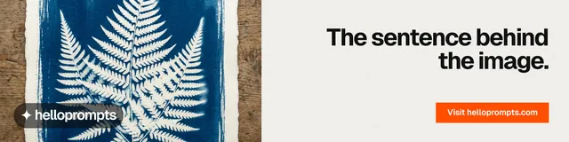 LinkedIn banner for HelloPrompts: "The sentence behind the image." Swiss style, right layout, light palette in white, grey.
