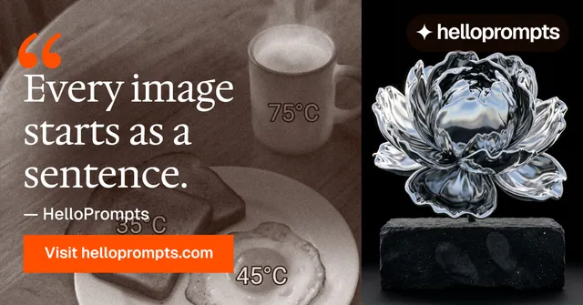 Social ad for HelloPrompts: "Taste, written down." Swiss style, quote layout, dark palette in orange, black, grey.
