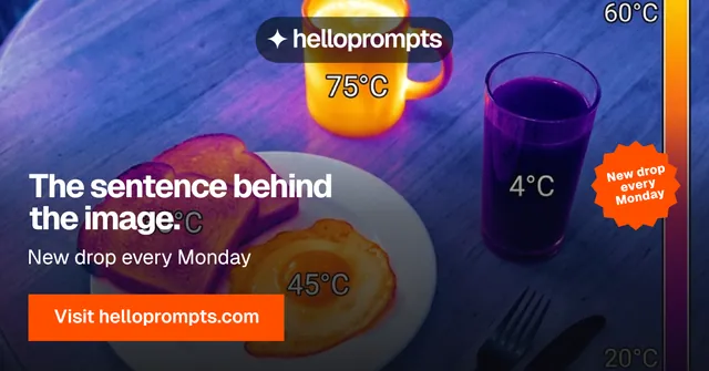 Social ad for HelloPrompts: "The sentence behind the image." Swiss style, sticker layout, dark palette in blue, pink, orange.