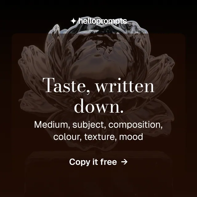 Instagram post for HelloPrompts: "Taste, written down." Minimal luxury style, skeleton layout, dark palette in black, grey.