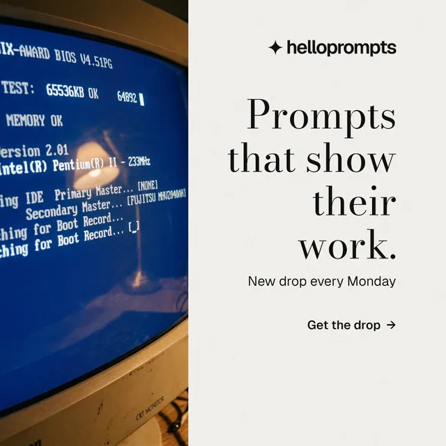 Instagram post for HelloPrompts: "Prompts that show their work." Minimal luxury style, right layout, light palette in white, blue, grey.