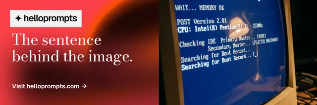 X header for HelloPrompts: "The sentence behind the image." Minimal luxury style, bottom layout, dark palette in blue, red, grey.