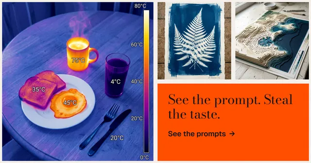 Social ad for HelloPrompts: "See the prompt. Steal the taste." Minimal luxury style, collage layout, light palette in blue, orange, grey.