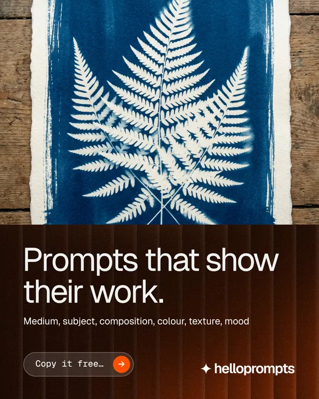 Instagram portrait post for HelloPrompts: "Prompts that show their work." Agentic glass style, bottom layout, dark palette in orange, grey, blue.