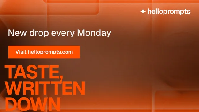 Landscape graphic for HelloPrompts: "Taste, written down." Swiss style, oversized layout, dark palette in orange.