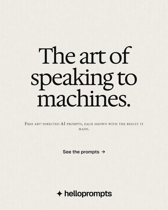 Instagram portrait post for HelloPrompts: "The art of speaking to machines." Swiss style, smallcaps layout, light palette in yellow, grey, white.