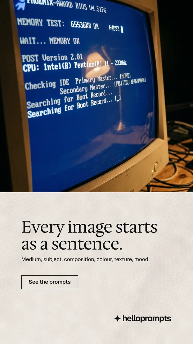 Instagram story for HelloPrompts: "Every image starts as a sentence." Editorial style, bottom layout, light palette in blue, orange, grey.