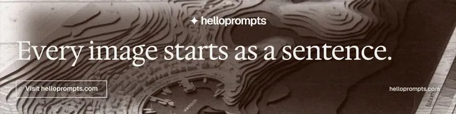LinkedIn banner for HelloPrompts: "Every image starts as a sentence." Editorial style, poster layout, dark palette in grey, orange.