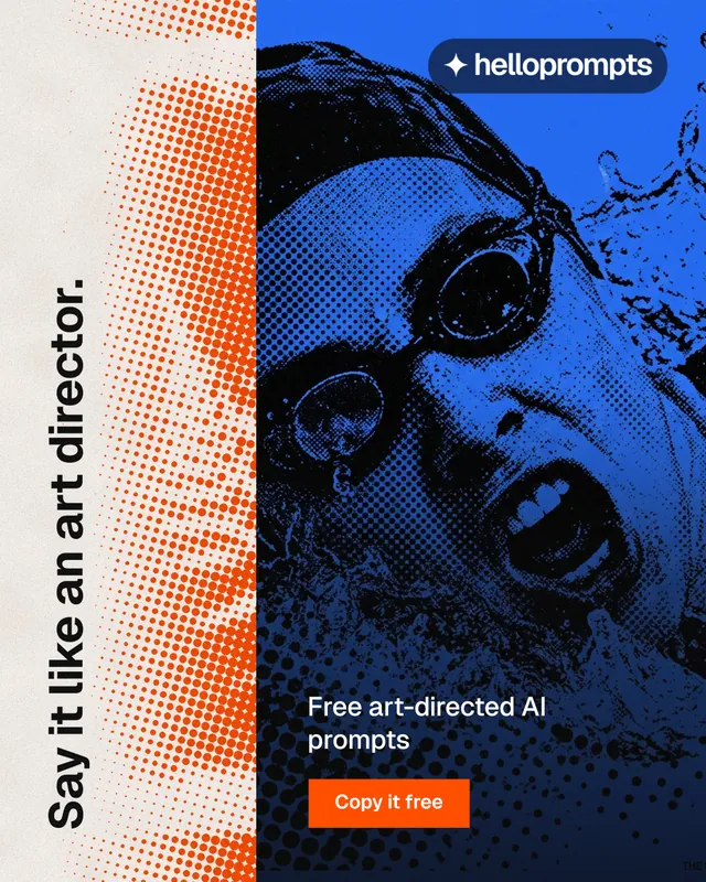 Instagram portrait post for HelloPrompts: "Say it like an art director." Swiss style, vertical layout, dark palette in orange, black, blue.