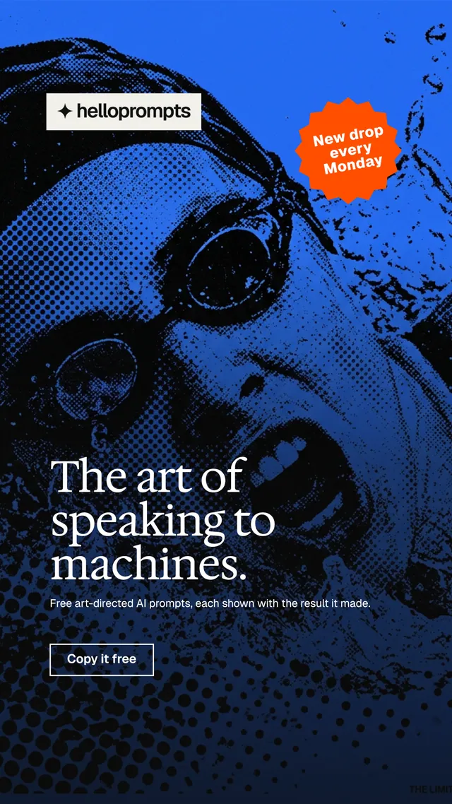 Instagram story for HelloPrompts: "The art of speaking to machines." Editorial style, sticker layout, dark palette in blue, black.