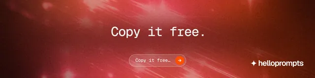 LinkedIn banner for HelloPrompts: "Copy it free." Agentic glass style, centred layout, dark palette in red.