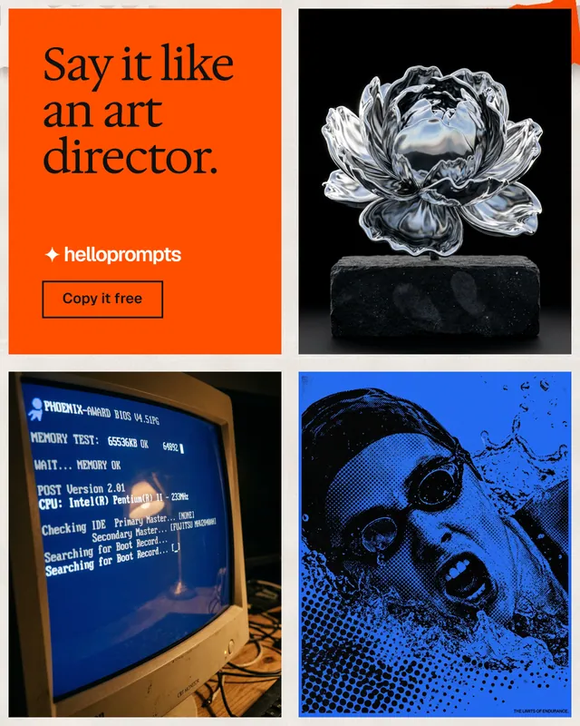 Instagram portrait post for HelloPrompts: "Say it like an art director." Editorial style, collage layout, dark palette in black, red, blue.
