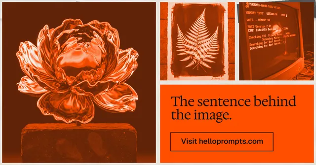 Social ad for HelloPrompts: "The sentence behind the image." Editorial style, collage layout, dark palette in orange, brown.