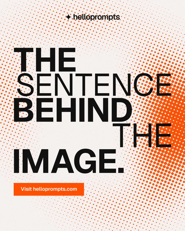 Instagram portrait post for HelloPrompts: "The sentence behind the image." Swiss style, stacked layout, light palette in orange, brown, white.