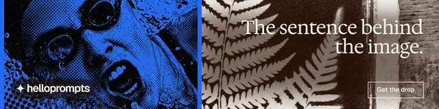 LinkedIn banner for HelloPrompts: "The sentence behind the image." Editorial style, right layout, dark palette in black, grey, blue.