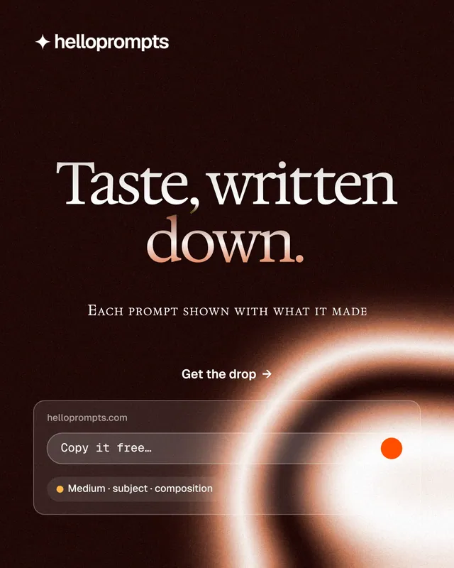 Instagram portrait post for HelloPrompts: "Taste, written down." Y2K style, smallcaps layout, dark palette in black, red, orange.