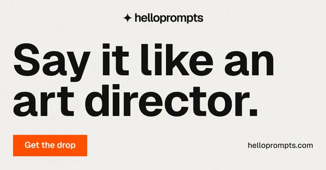 Social ad for HelloPrompts: "Say it like an art director." Swiss style, poster layout, light palette in white, grey.