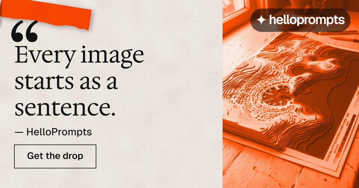 Social ad for HelloPrompts: "Say it like an art director." Editorial style, quote layout, light palette in orange.