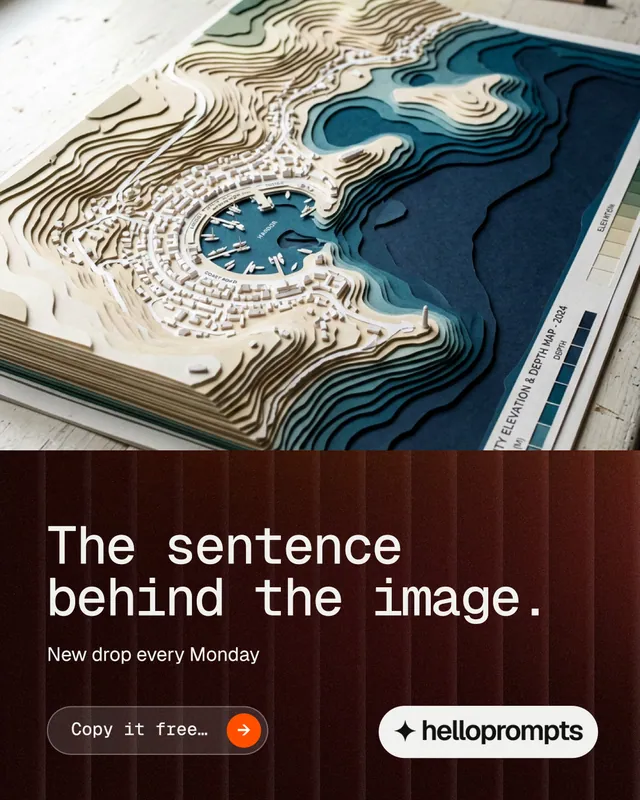 Instagram portrait post for HelloPrompts: "The sentence behind the image." Agentic glass style, bottom layout, dark palette in white, black, grey.
