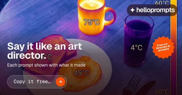 Social ad for HelloPrompts: "Say it like an art director." Agentic glass style, sticker layout, dark palette in purple, blue, pink.
