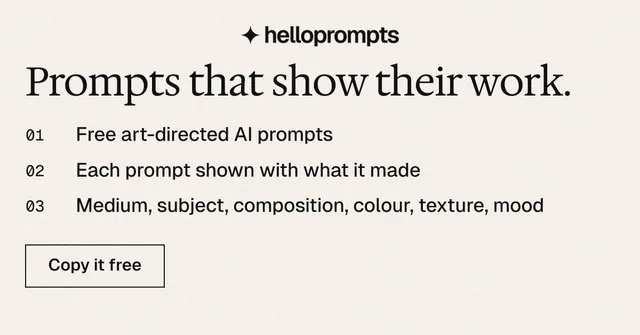 Social ad for HelloPrompts: "Prompts that show their work." Editorial style, numbered layout, light palette in white.