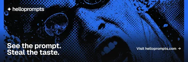 X header for HelloPrompts: "See the prompt. Steal the taste." Swiss style, image led layout, dark palette in black, blue.